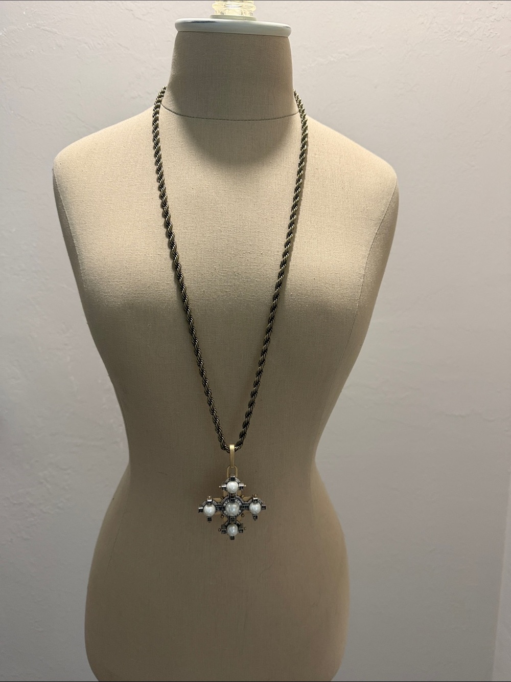 cabi TudorNecklace- White Pearl Cross Pendant Necklace